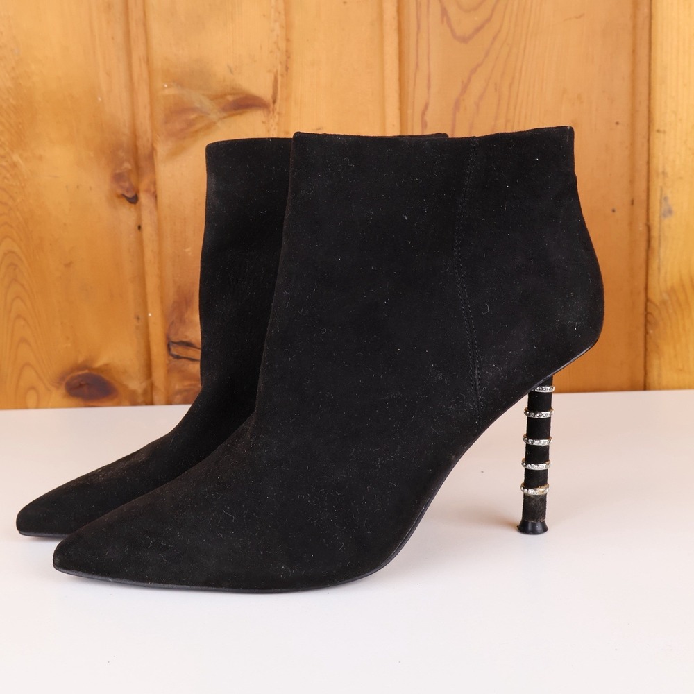 JLO Jennifer Lopez Porchia 2 Black Faux Suede Rhinestone Heel Booties Size 9